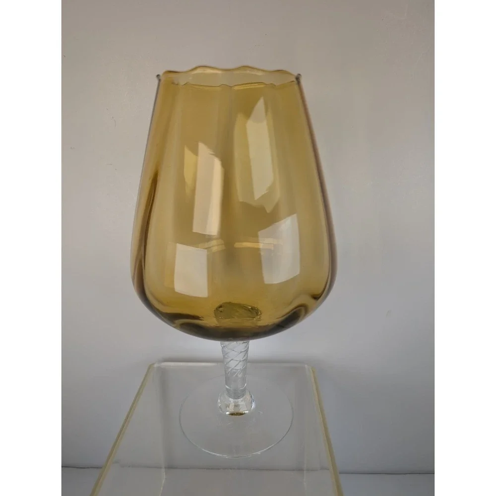 Empoli Glass Amber Spot Optic Glass Footed Large Brandy Snifter Twisted Stem Vng